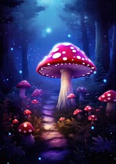 Fototapeta na wymiar Magic mushroom pattern in fairy tale woods, nature wallpaper. Generative Ai.
