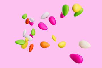 3d Colorful Almond Candies Sugar Coated Almond Candies Falling On Pink background, 3d illustration