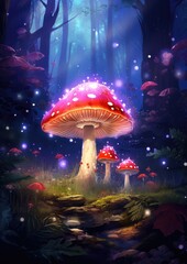 Magic mushroom pattern in fairy tale woods, nature wallpaper. Generative Ai. - obrazy, fototapety, plakaty
