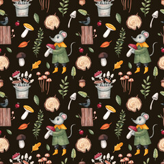 Seamless pattern with a mouse, mushrooms, a bird on a stump and a piece of wood on a brown background. Watercolor illustration. Print on fabric and paper. Wallpaper. Nature. Forest. Plants. Art. 