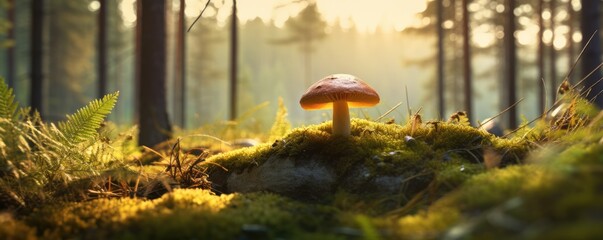 Fresh healthy mushroom in green sunny coniferous forest, panorama. Generative Ai. - obrazy, fototapety, plakaty