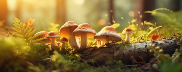 Fresh healthy mushroom in green sunny coniferous forest, panorama. Generative Ai. - obrazy, fototapety, plakaty