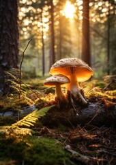 Fresh healthy mushroom in green sunny coniferous forest. Generative Ai. - obrazy, fototapety, plakaty