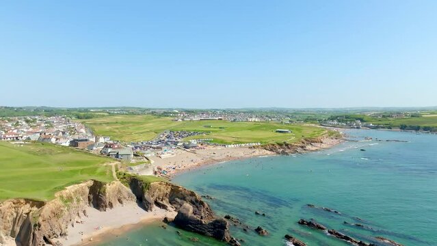 Aerial view of Bude Bay with bathing beaches First Cove, Crooklets Beach, Summerleaze Beach, Bude, North Cornwall, England, United Kingdom, Europe