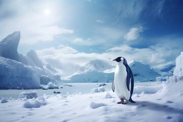 penguin in the snow with mountains in the background ai generative - obrazy, fototapety, plakaty