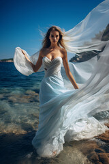 Fototapeta na wymiar Sposa vestita con abito azzurro in spiaggia