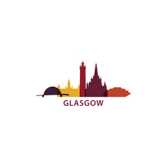  UK Scotland Glasgow cityscape skyline capital city panorama vector flat modern logo icon. United Kingdom West Central emblem idea with landmarks and building silhouettes