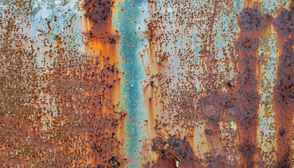 Rusty metal wall, old sheet of iron covered with rust with multi-colored paint