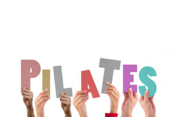 Digital png illustration of hands with pilates text on transparent background