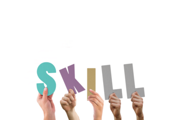 Digital png photo of hands holding skill text on transparent background