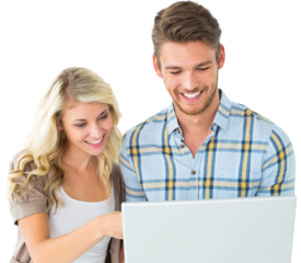 Digital png photo of happy caucasian couple using laptop on transparent background