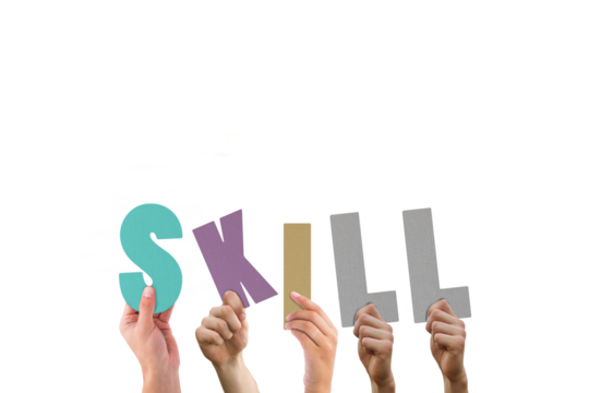 Digital png photo of hands holding skill text on transparent background - Powered by Adobe
