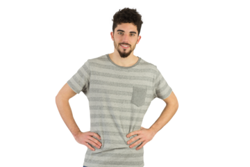 Digital png photo of happy caucasian man with hands on waist on transparent background