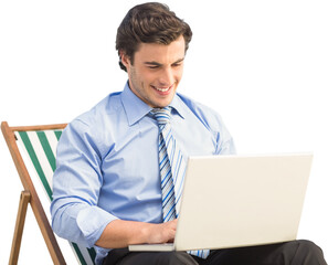 Digital png photo of happy caucasian businessman using laptop on transparent background