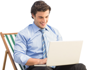 Digital png photo of happy caucasian businessman using laptop on transparent background