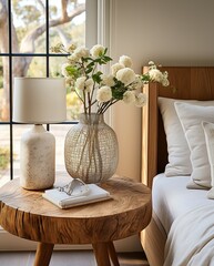 A modern table lamp mixed with rustic and American style is placed on a side cabinet next to the bed.