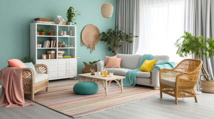 Livingroom with colorful furnitures inside and a sofa with colorful pillows. Generative AI.