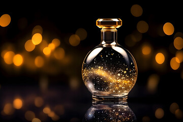 Perfume bottle on black background with festive golden bokeh lights. Generative ai - 629454587