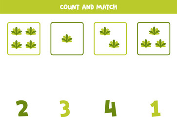 Counting game for kids. Count all green bushes and match with numbers. Worksheet for children.