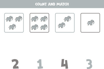 Counting game for kids. Count all elephants and match with numbers. Worksheet for children.