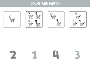 Counting game for kids. Count all lemurs and match with numbers. Worksheet for children.