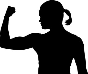 Digital png illustration of silhouette of fit woman flexing muscle on transparent background