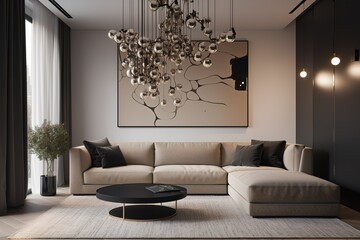 Sleek and minimalist living room with bold luxurious style accents. Generative AI - obrazy, fototapety, plakaty