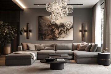 Sleek and minimalist living room with bold luxurious style accents. Generative AI