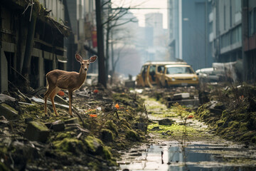 Obraz premium 苔むした廃墟と鹿