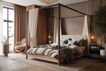 Elegant bedroom with a luxurious white canopy bed, with wood details. Generative AI