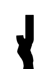 Digital png illustration of silhouette of hand holding letter j on transparent background