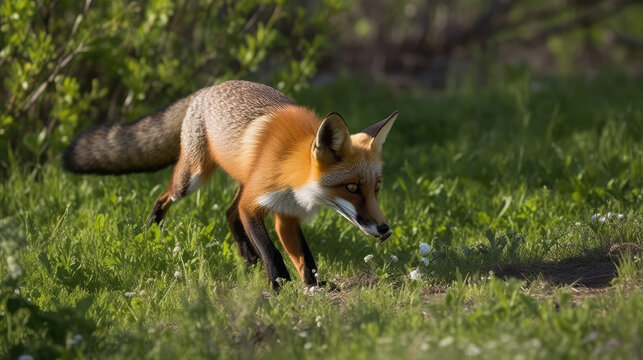 Beautiful redfox hunting mouses on a short cutted green meadow in summer. Generative AI.