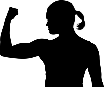 Digital png illustration of silhouette of fit woman flexing muscle on transparent background