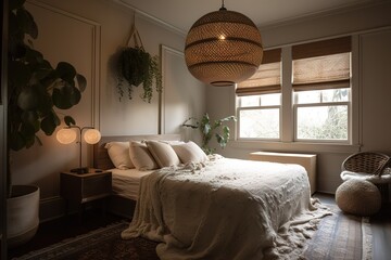 Luxury guest bedroom in vintage scandi styled. Generative AI