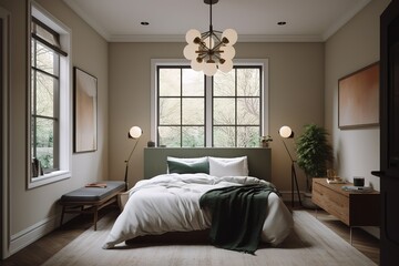 Fototapeta na wymiar Luxury guest bedroom in vintage scandi styled. Generative AI