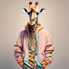 Naklejki  In the style of a fashion shoot, a photo of an anthropomorphic giraffe