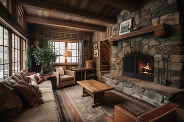Fototapeta na wymiar cozy, cabin-style living room with a stone fireplace. Generative AI