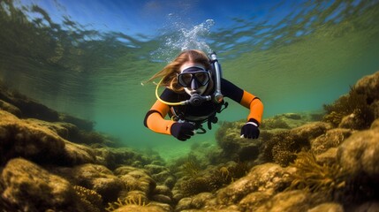 Diving. Underwater Scuba diver explore and enjoy Coral reef Sea life. Female scuba diver swimming under water.