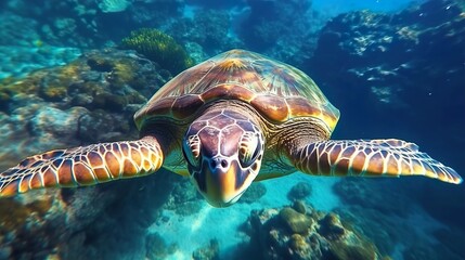 Fototapeta premium Sea turtle swims underwater. Ocean background, Sea turtle swims under water on the background of coral reefs.