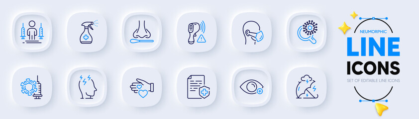 Farsightedness, Nasal test and Medical mask line icons for web app. Pack of Stress protection, Coronavirus injections, Stress pictogram icons. Medical certificate, Electronic thermometer. Vector