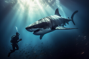 Fearless diver man swimming nearby giant white shark underwater. Dangerous risky scuba diving. Ai generated