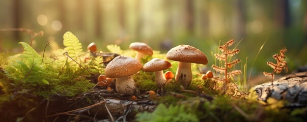 Mushroom in green forest. Generative Ai. - obrazy, fototapety, plakaty
