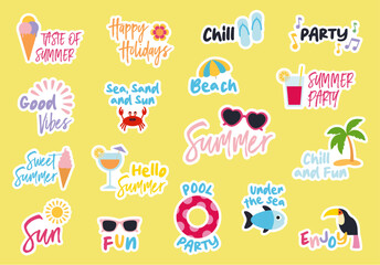 Pack of stickers for summer with words. Summer theme, colorfull an fun stickers. Vector illustrations of beach, ice cream, sea, sun, parrot, cocktail., party...