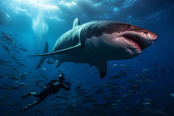 Fototapeta premium Fearless diver man swimming nearby giant white shark underwater. Dangerous risky scuba diving. Ai generated
