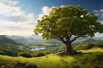 a large tree on top of a hill in a mountainous area. Beautiful landscape. generative ai. - obrazy, fototapety, plakaty