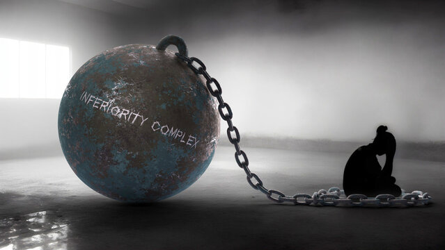 Inferiority complex - a metaphorical view of a woman struggle with inferiority complex. Trapped alone and chained to a burden of Inferiority complex. Constant and strenuous fight.,3d illustration