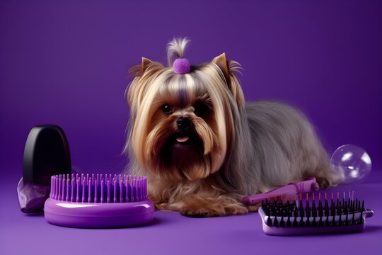 yorkshire terrier puppy on pirple background