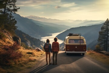 Obraz premium A man and a woman travel in a motorhome on a beautiful landscape. generative ai.