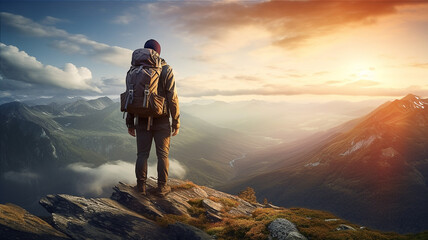 Hiker with backpack standing on top of mountain and looking at valley with morning sunlight. Generative AI