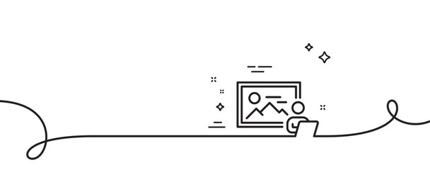 Photo studio line icon. Continuous one line with curl. Image photography sign. Picture placeholder symbol. Photo studio single outline ribbon. Loop curve pattern. Vector